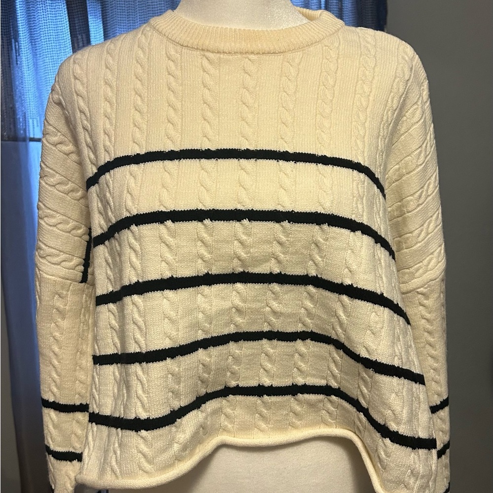 2 for $15 sale! Elegant Striped Cable Knit Sweater - Cream and Black